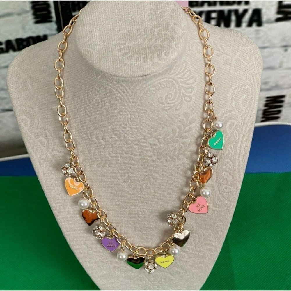 Charter Club Pastel Heart Charms Pave Balls Faux Pearls Statement Necklace 27$